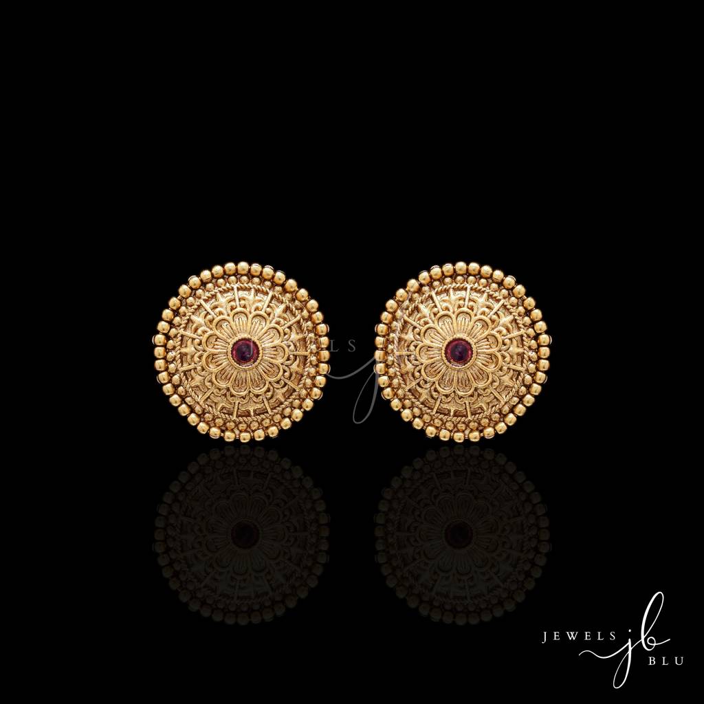 Festive Exclusive Gold Finish Classic Round Necklace Set With Ruby Detailing Includes Earrings : 500034