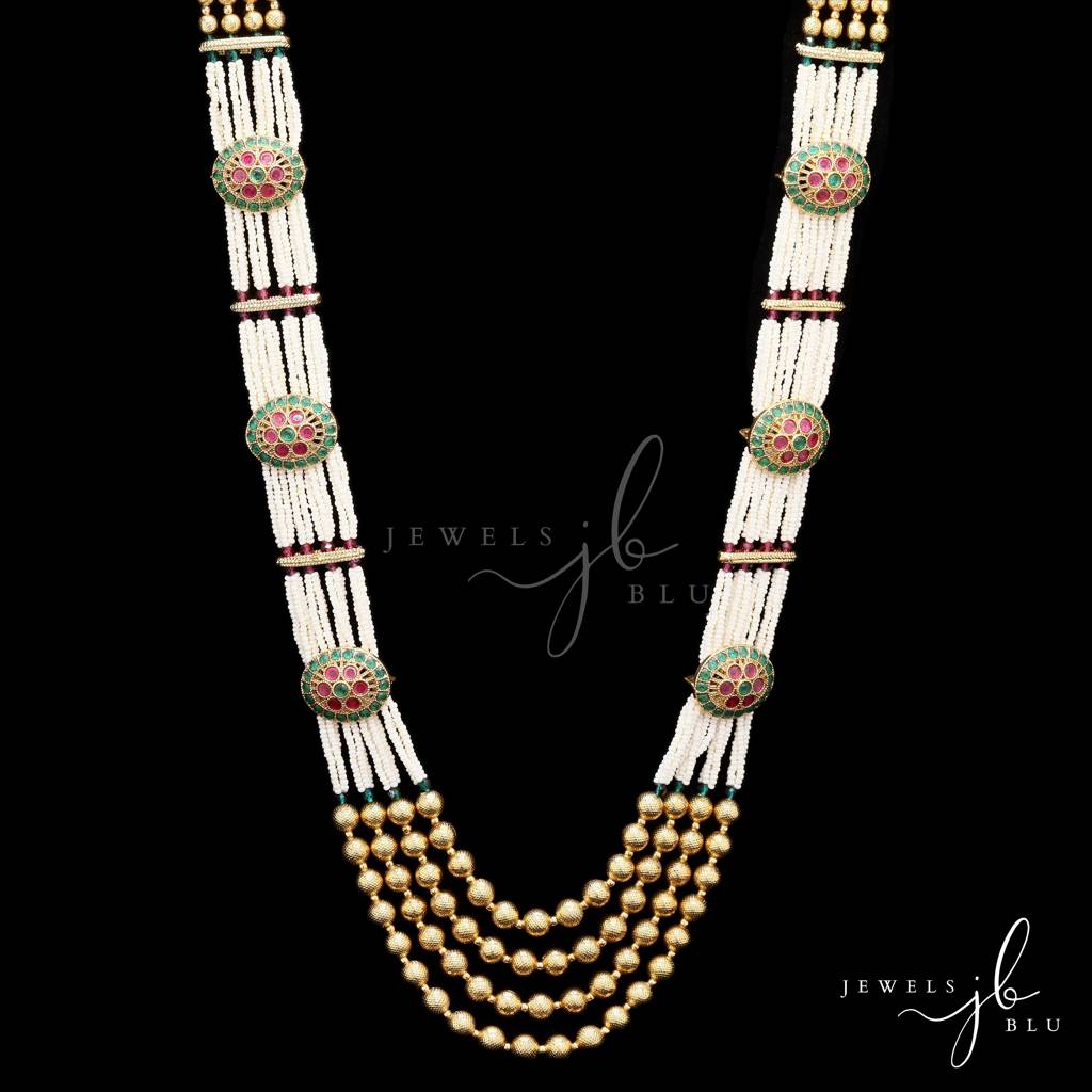 Festive Exclusive 4 Layer Antique Gold Finish Moti Ghungroo Layered Necklace Set With Earrings : 500037