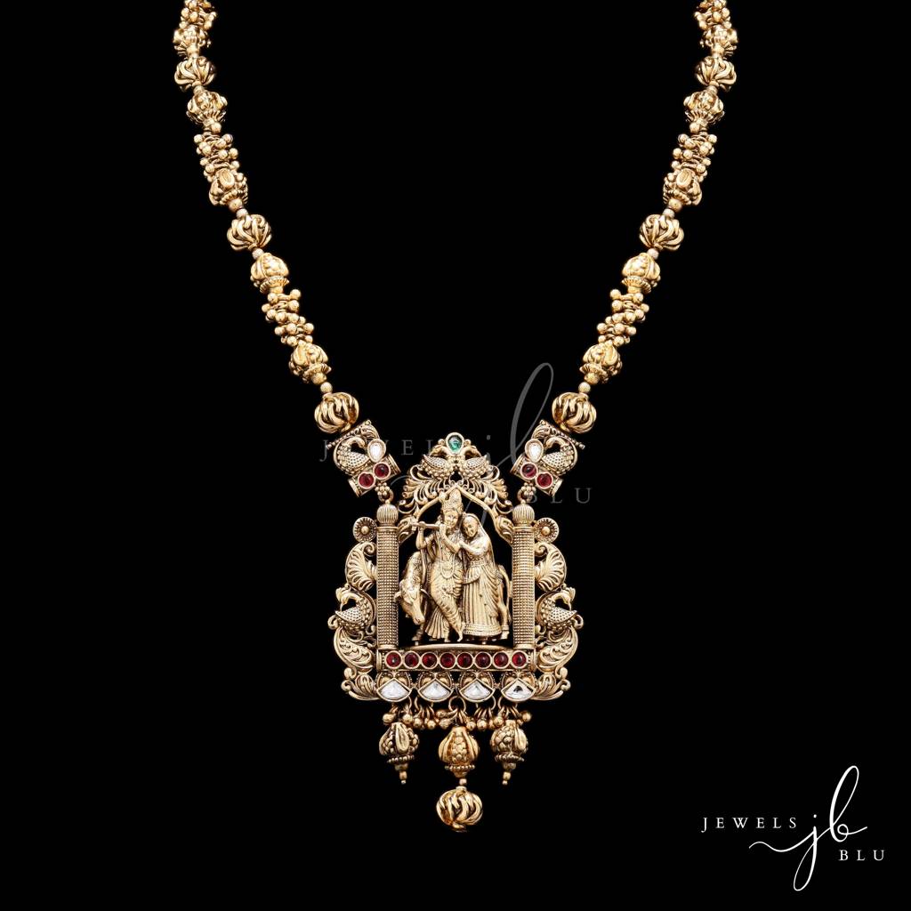 Festive Exclusive Antique Gold Finish Radha Krishna Hand Carved Jharoka Necklace Set With Jhumkis : 500039