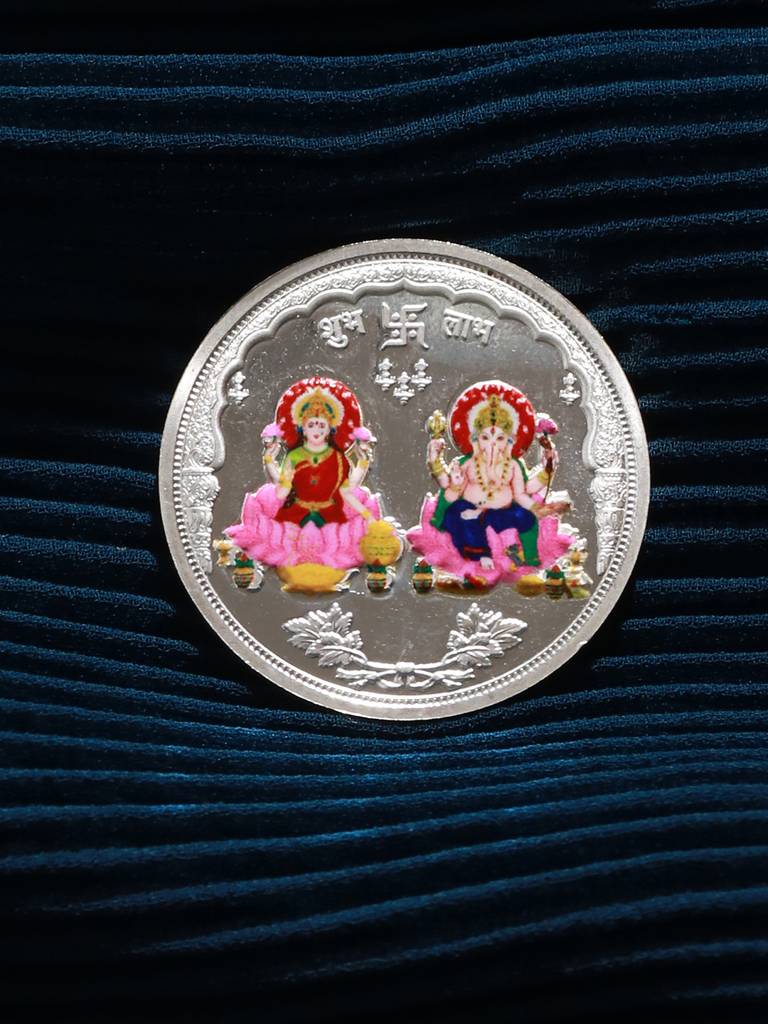 999 Silver  Maa Lakshmi &  Ganeshji  10 Gram Colour Silver Coin : SJSC5011