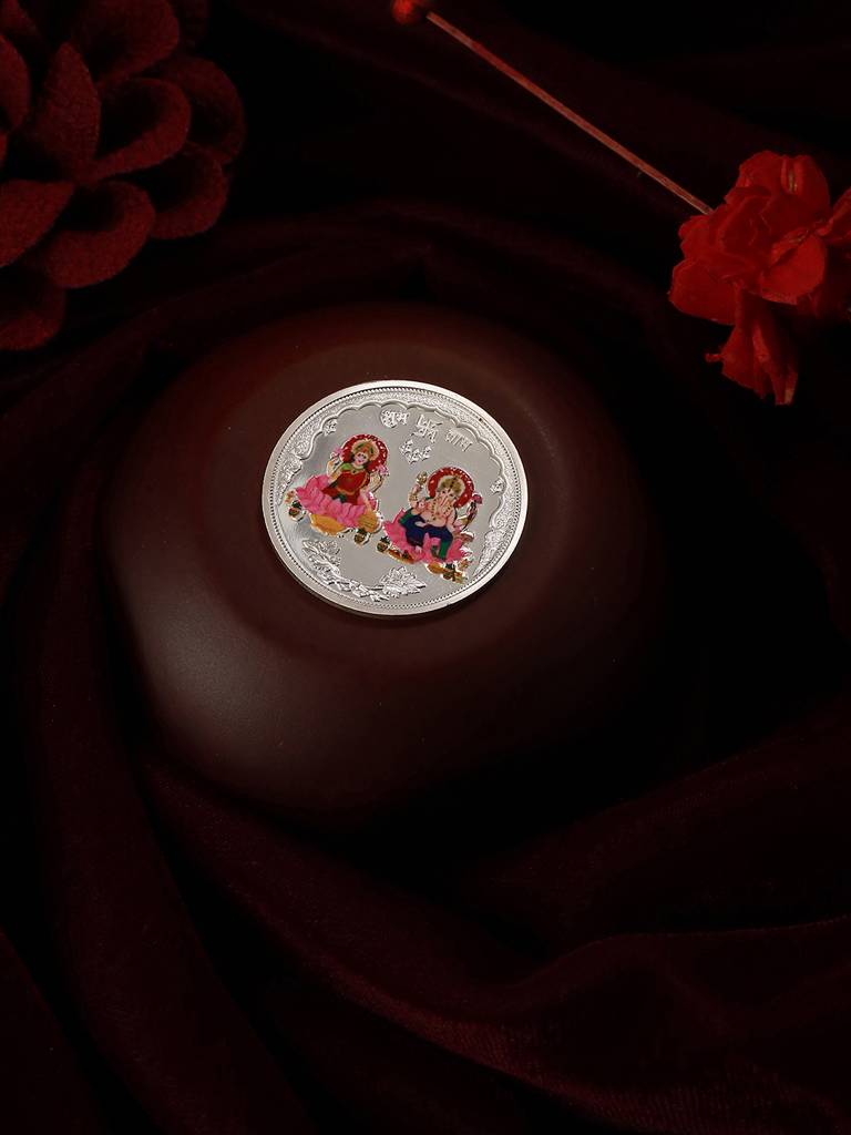 999 Silver  Maa Lakshmi &  Ganeshji  10 Gram Colour Silver Coin : SJSC5011