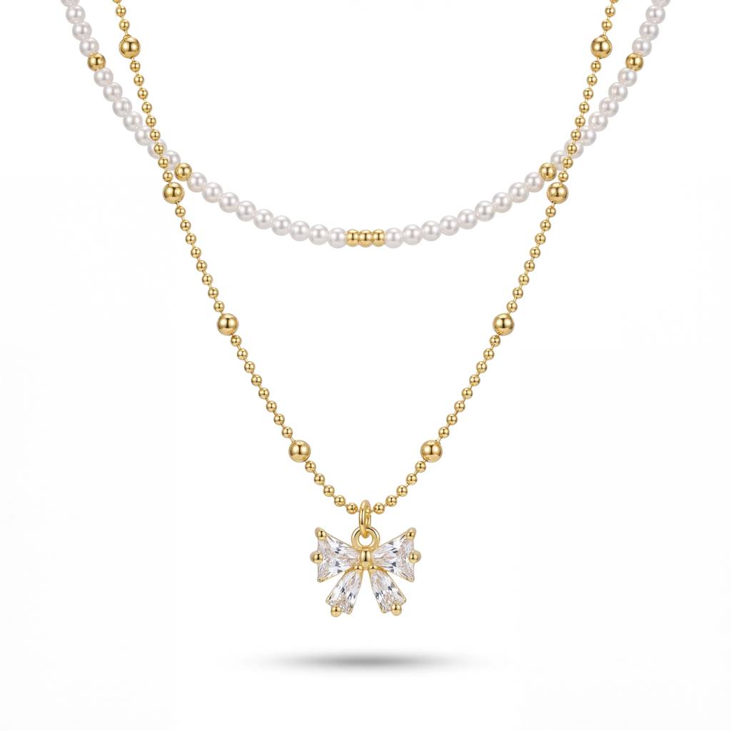 Korean Ethereal Bow & Radiant Gemstone Droplet Necklace : YUFSNL248