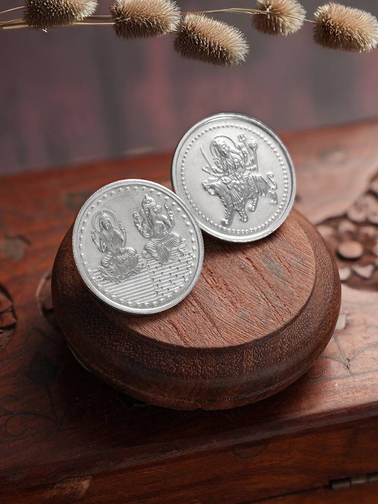Laxmi Ganesh & Maa Sherawali Each 10 Gram 999 Round Silver Coin : SJSC5039