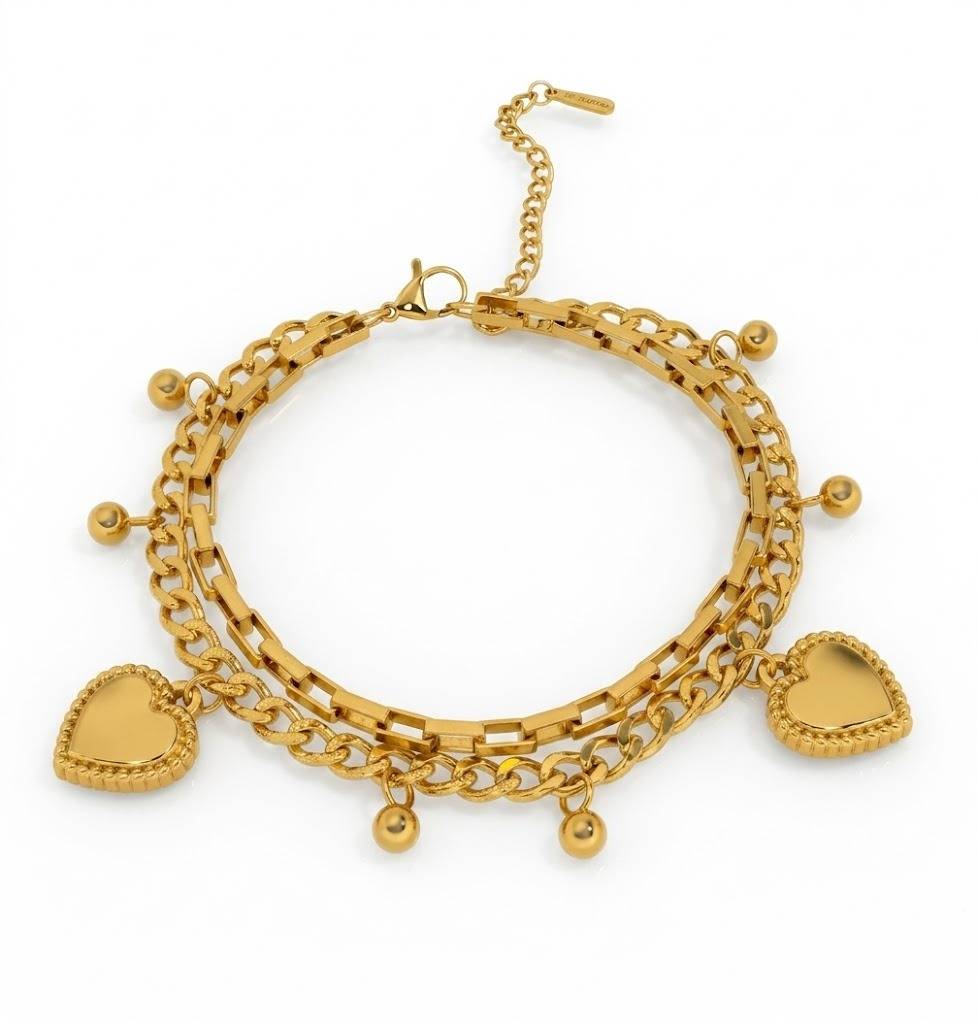 18K Gold Plated Anti-Tarnish Heart Charm Bracelet : BRA-1036