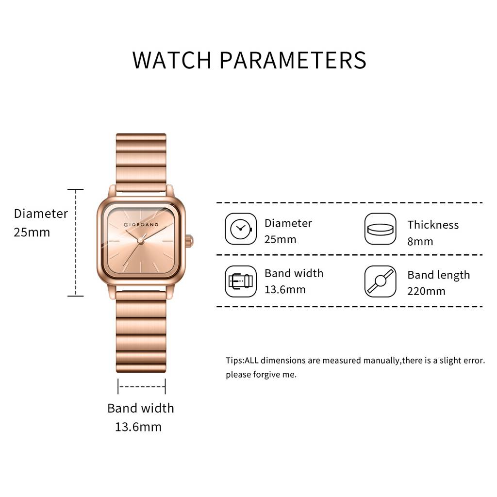 Giordano Classic Square Watch For Women Â Polished Stainless Steel Strap, Minimalist Compact Design-Gz-60098 : GZ-60098-77