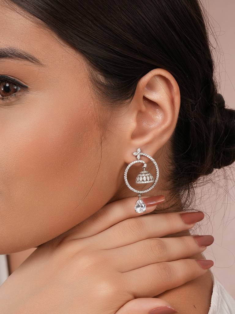 925 Sterling Silver Rhodium Plated Chandbali Drop Earrings : AGER5103