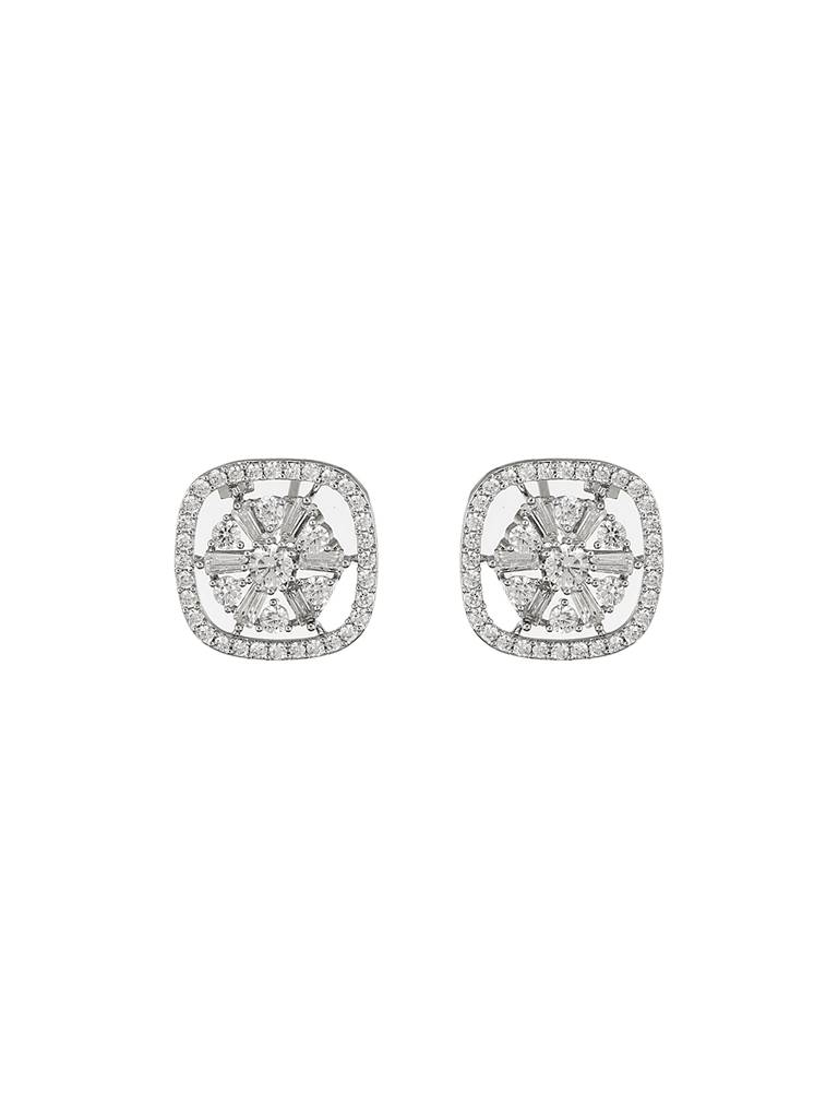 925 Sterling Silver Rhodium Plated Halo Square Studds Earrings : AGER5135
