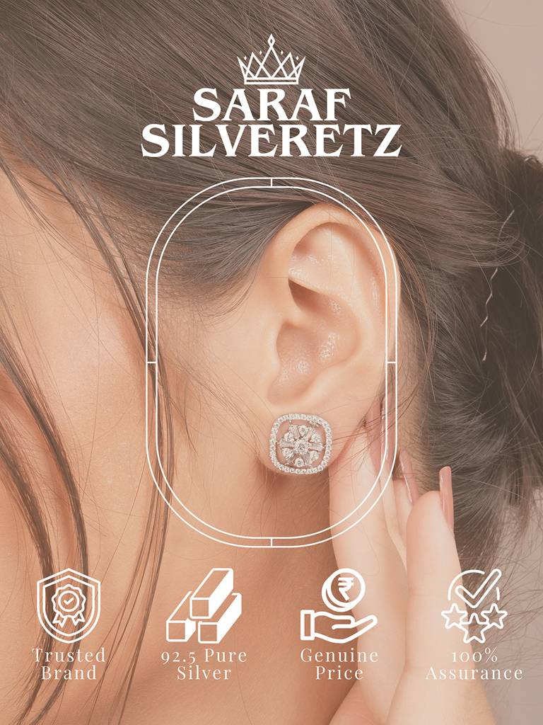 925 Sterling Silver Rhodium Plated Halo Square Studds Earrings : AGER5135
