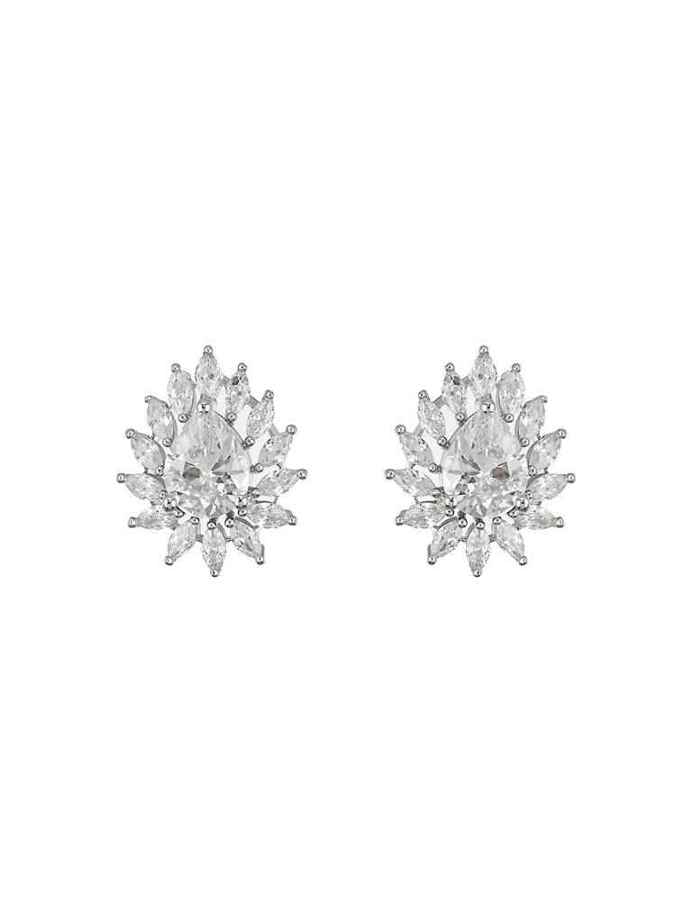 925 Sterling Silver Rhodium Plated Drop Shaped Solitaire Earrings : AGER5136