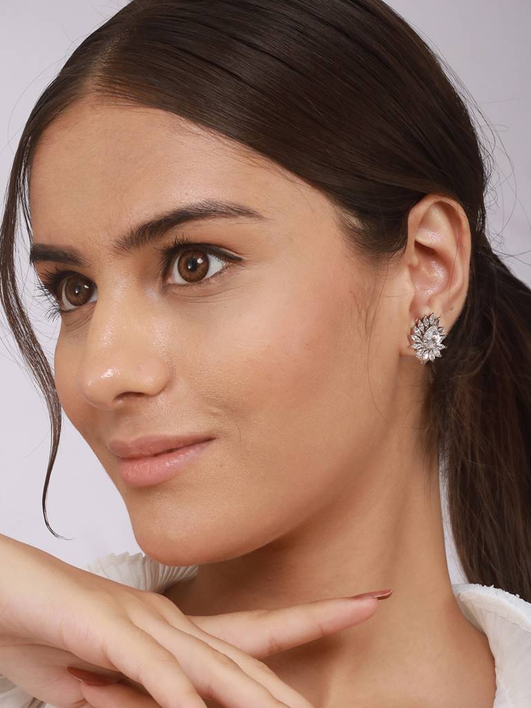 925 Sterling Silver Rhodium Plated Drop Shaped Solitaire Earrings : AGER5136