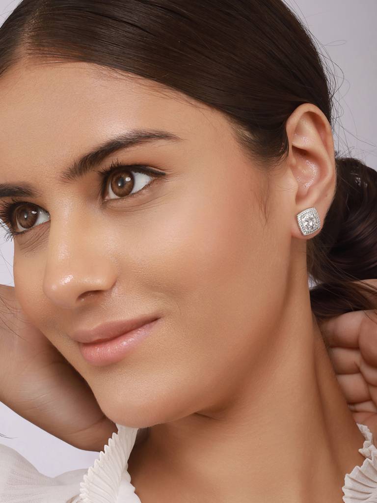 925 Sterling Silver Rhodium Plated Geometric Square Cluster Cz Studds Earrings : AGER5139