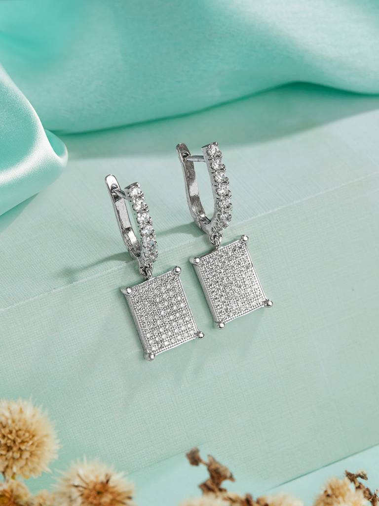 925 Sterling Silver Rhodium Plated Square Drop Bali Hoop Earrings : AGER5153