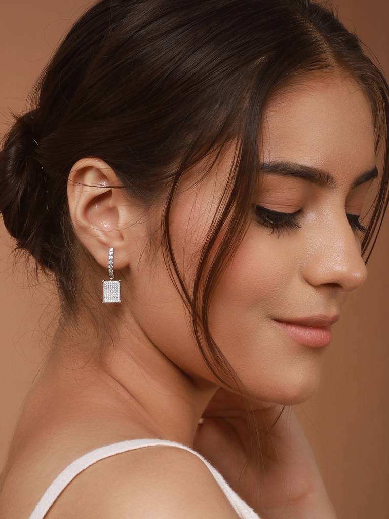 925 Sterling Silver Rhodium Plated Square Drop Bali Hoop Earrings : AGER5153