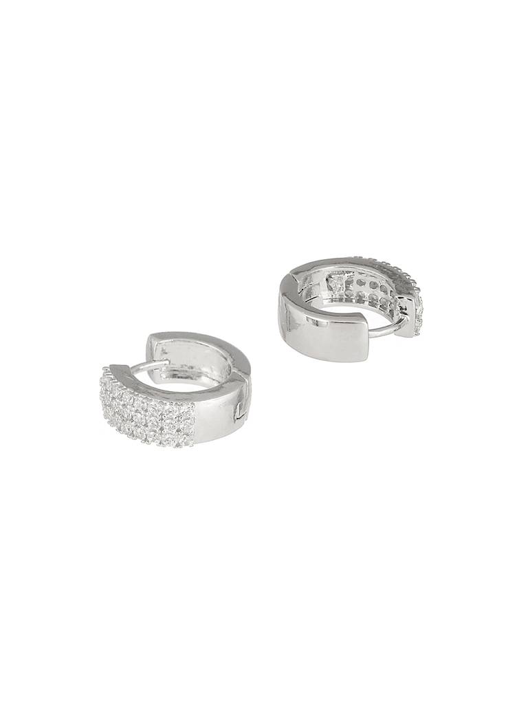 925 Sterling Silver Rhodium Plated Cz Studded Small Hoop Earrings : AGER5156