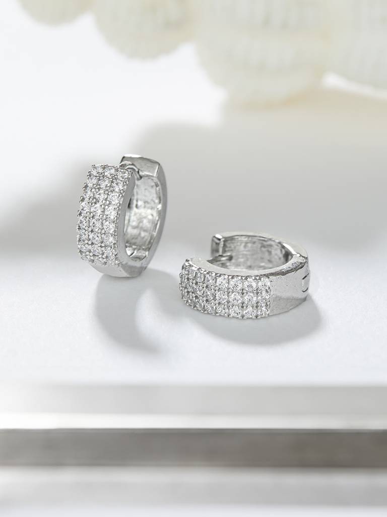 925 Sterling Silver Rhodium Plated Cz Studded Small Hoop Earrings : AGER5156