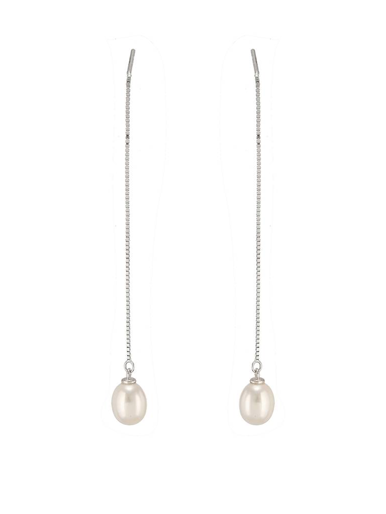 925 Sterling Silver Zircon Studded Freshwater Pearls Sui Dhaga Threader Dangle Earrings : AGER5160