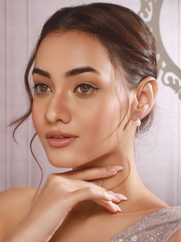 925 Sterling Silver Zircon Studded Freshwater Pearls Sui Dhaga Threader Dangle Earrings : AGER5160