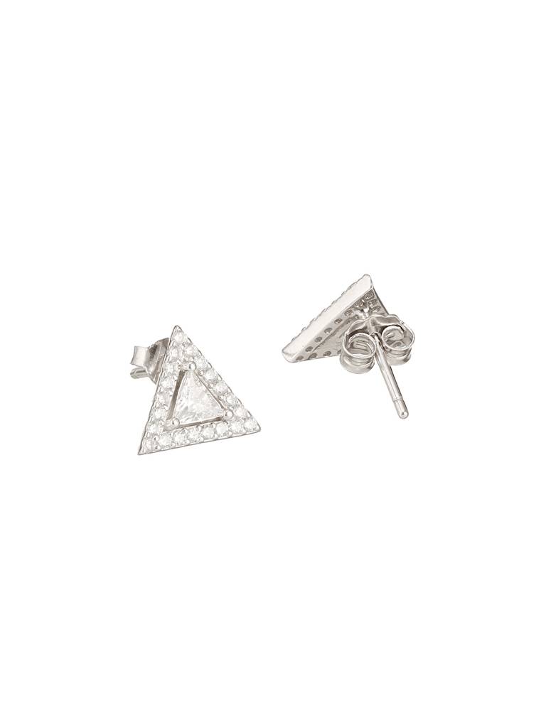 925 Sterling Silver Zircon Studded Pyramid Shaped Halo Solitaire Minimal Studds Earrings : AGER5172