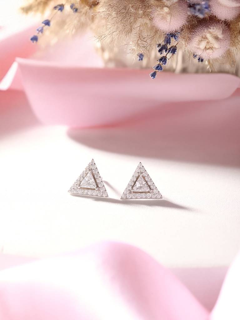 925 Sterling Silver Zircon Studded Pyramid Shaped Halo Solitaire Minimal Studds Earrings : AGER5172