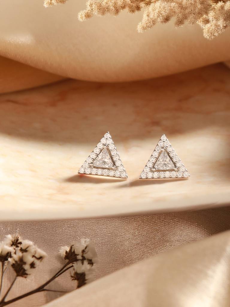 925 Sterling Silver Zircon Studded Pyramid Shaped Halo Solitaire Minimal Studds Earrings : AGER5172