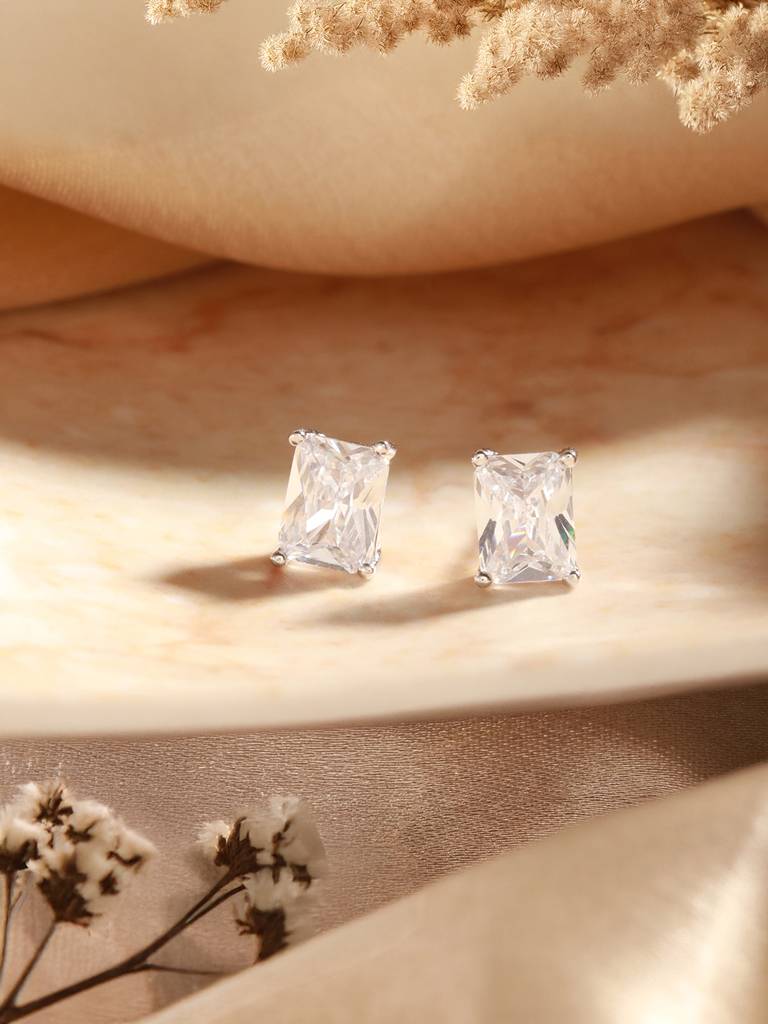 925 Sterling Silver 8 Mm Zircon Studded Rectangular Solitaire Minimal Studds Earrings : AGER5178