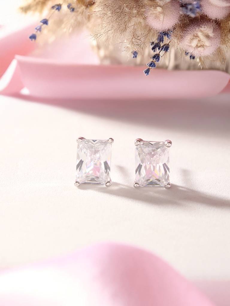 925 Sterling Silver 8 Mm Zircon Studded Rectangular Solitaire Minimal Studds Earrings : AGER5178