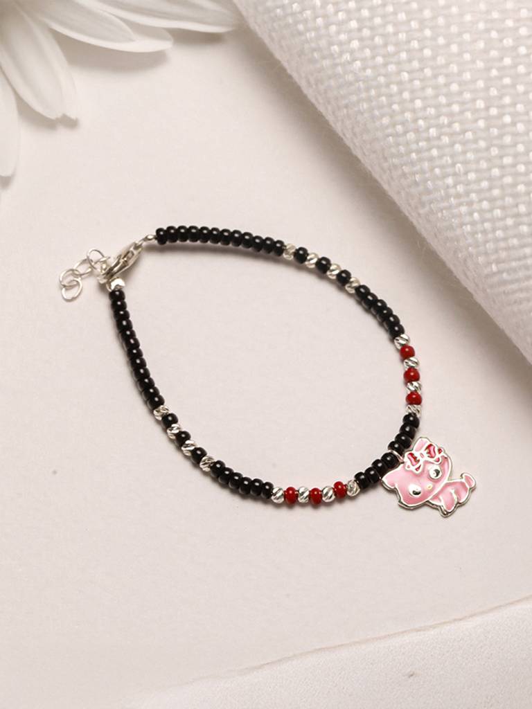 925 Sterling Silver Black Beads Hello Kitty Charms Adjustable Bracelet : AGBR5179