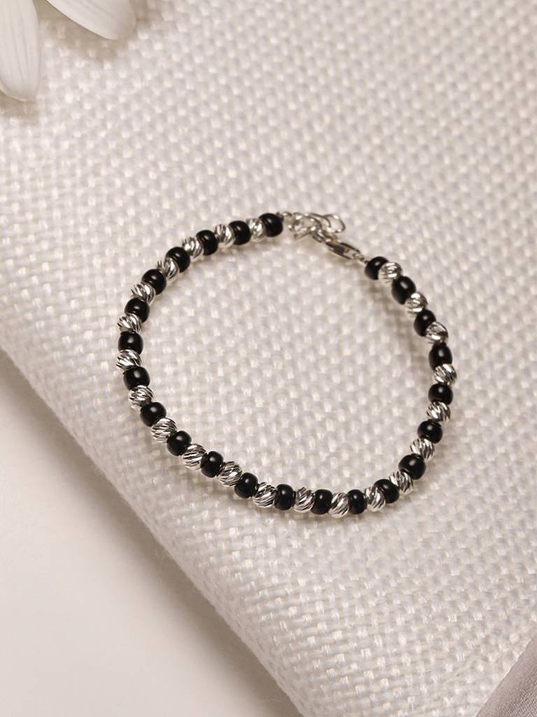 925 Sterling Silver Black Beads Nazariya Kids Unisex Adjustable Bracelet : AGBR5180