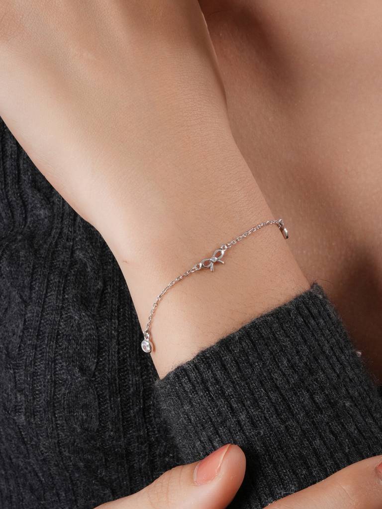 925 Sterling Silver Plated Bow Charms Link Adjustable Bracelet : AGBR5187