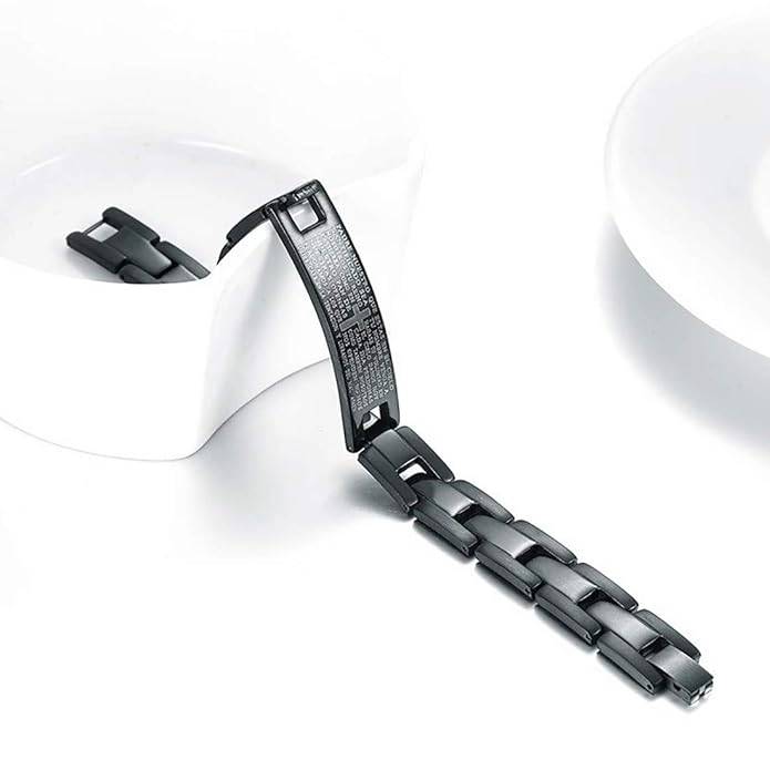 Mens Lords Prayer Black Steel Cross Bracelet : ASK0121B231