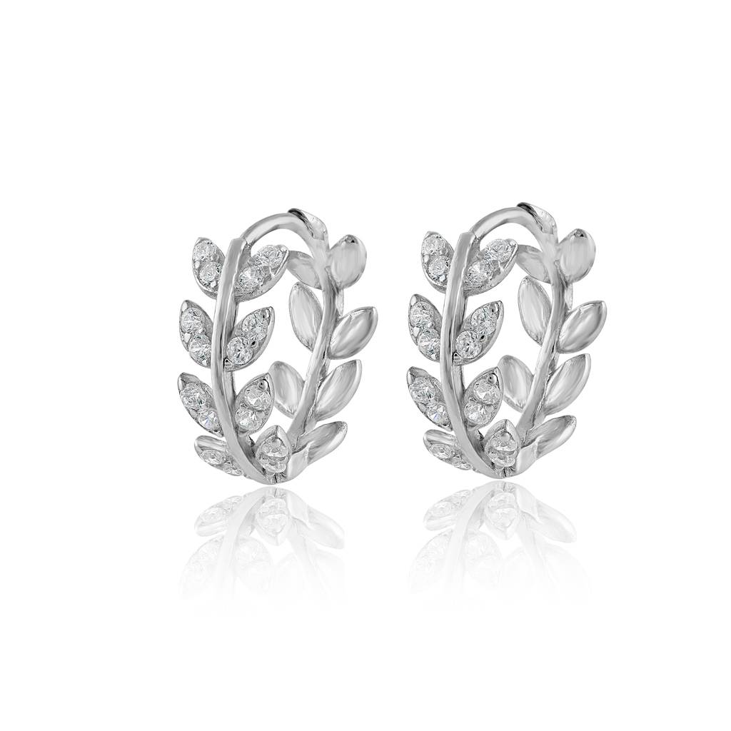 925 Sterling Silver Leaf Design Huggie Hoop Earrings With Cubic Zirconia : RJSPER56