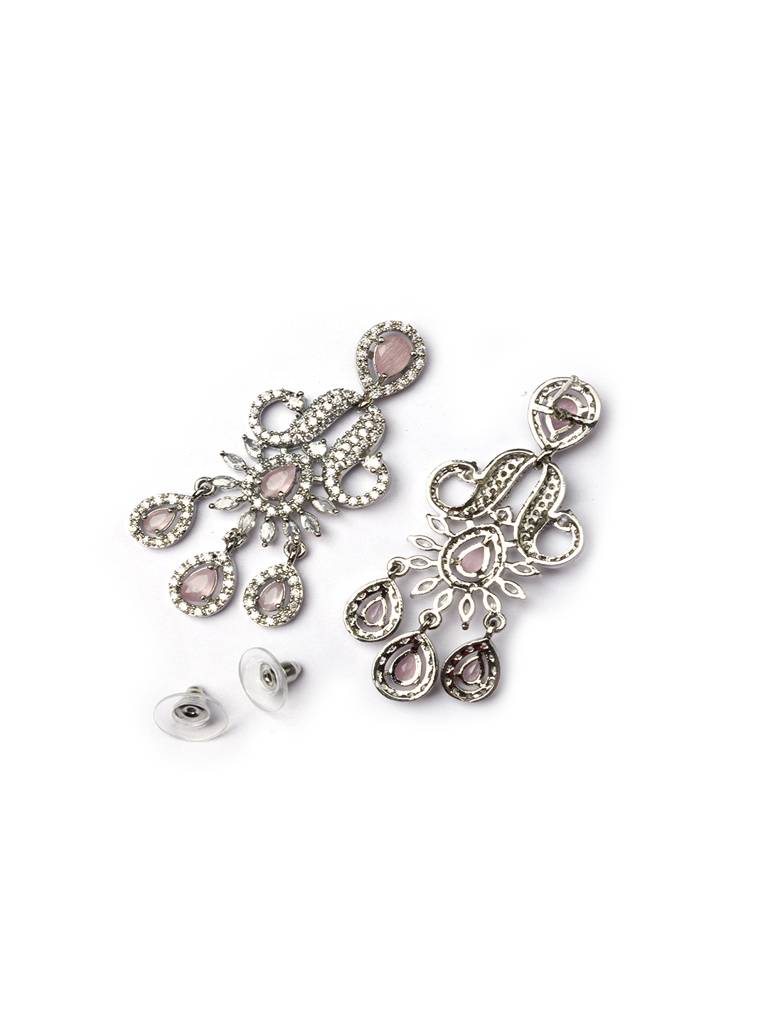 Princess Style Flower Ad Necklace Set With Long Earrings Set For Women/Girls - Wedding Jewelry/Party & Festival Ac : AD137PINK