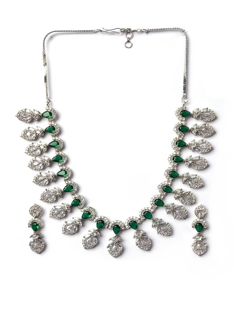 Elegant Leaf Style American Diamond Necklace Set With Sleek Earrings : AD138GREEN