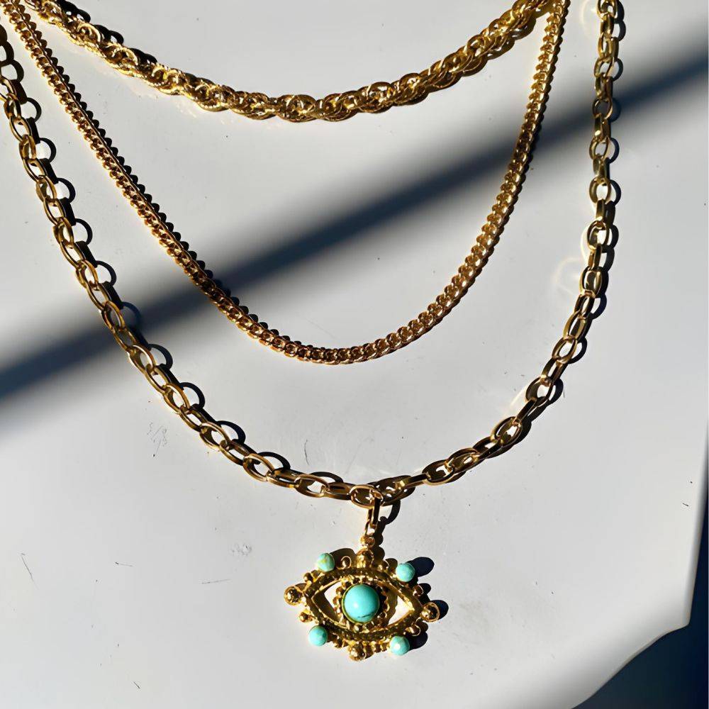 18Kt Gold Plated Devil'S Eye Three Layered Necklace, Yasmin : INYASMIN