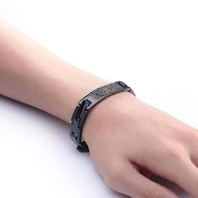 Mens Lords Prayer Black Steel Cross Bracelet : ASK0121B231