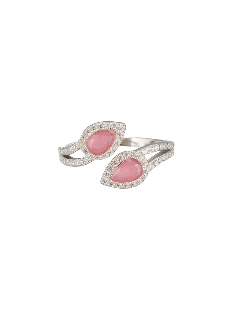 925 Sterling Silver Rhodium Plated Pink Ad Studded Contemporary Adjustable Finger Ring For Her : AGRG5211