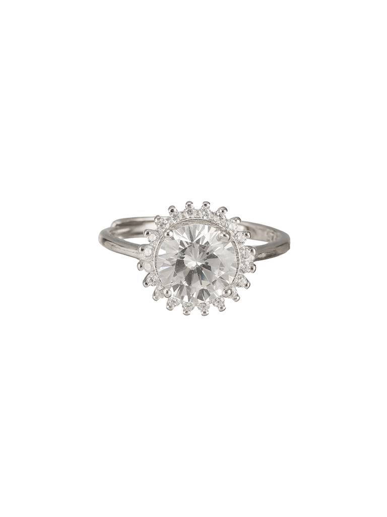 925 Sterling Silver Rhodium Plated Zircon Studded Floral Contemporary Adjustable Finger Ring : AGRG5212