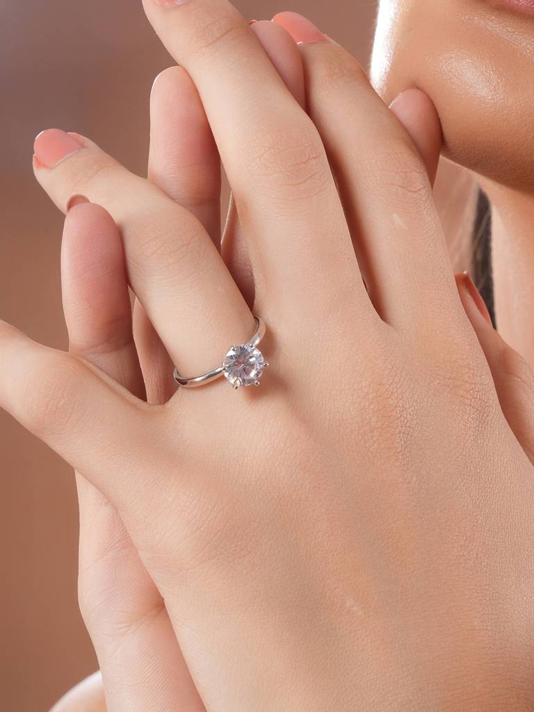 925 Sterling Silver Ad Studded Solitaire Engagement Adjustable Finger Ring : AGRG5213