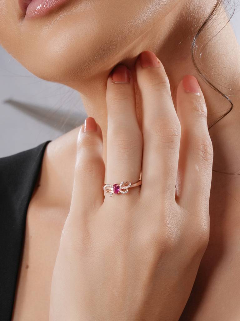 925 Sterling Silver Red Ruby Studded Rose Gold Plated Cherry Bow Adjustable Finger Ring : AGRG5217