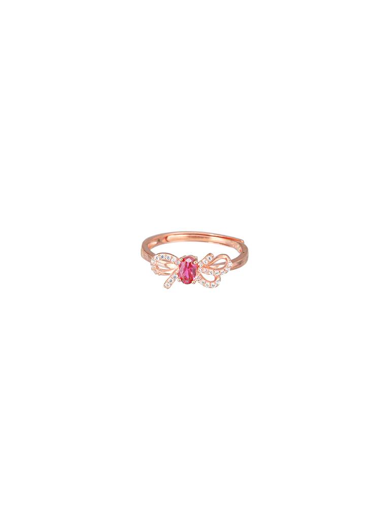 925 Sterling Silver Red Ruby Studded Rose Gold Plated Cherry Bow Adjustable Finger Ring : AGRG5217
