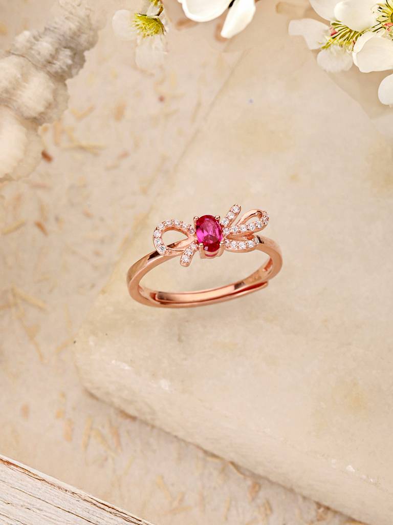 925 Sterling Silver Red Ruby Studded Rose Gold Plated Cherry Bow