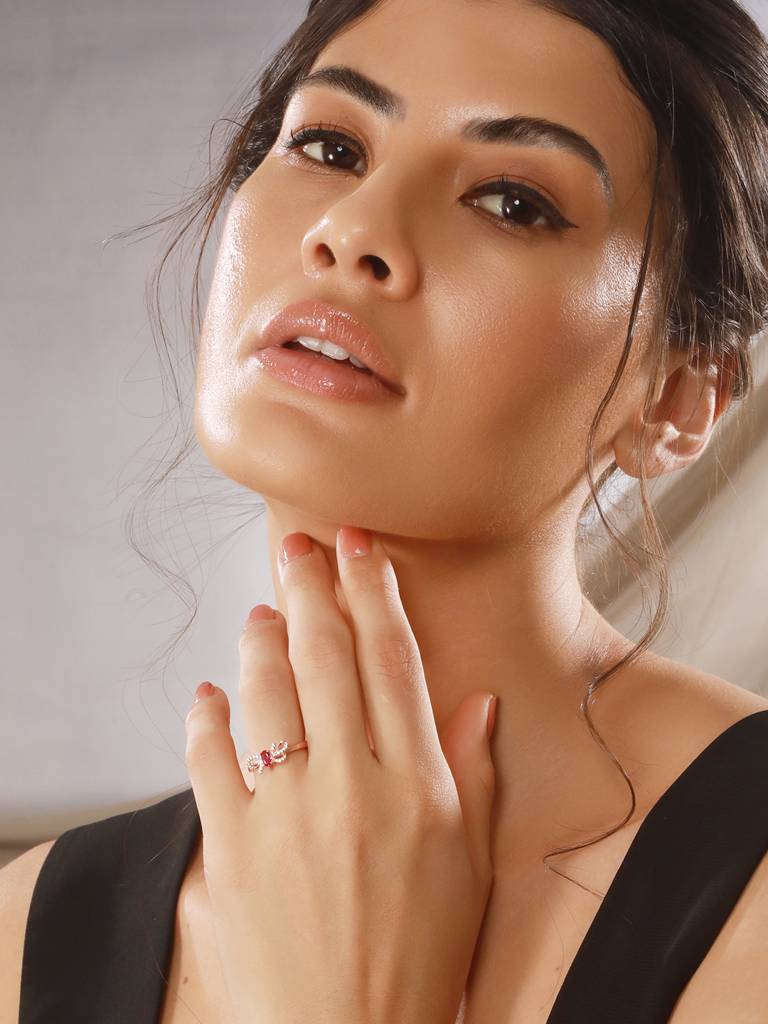 925 Sterling Silver Red Ruby Studded Rose Gold Plated Cherry Bow Adjustable Finger Ring : AGRG5217