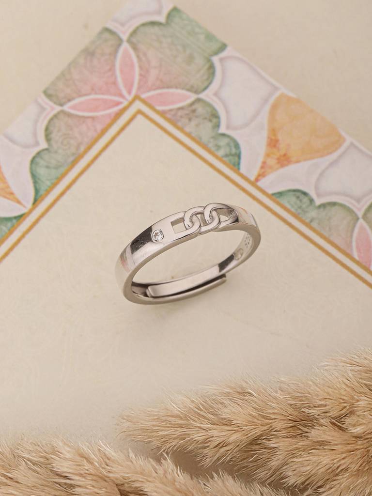 925 Sterling Silver Rhodium Plated Minimal Link Love Adjustable Finger Band  Ring Sterling Silver Adjustable Silver