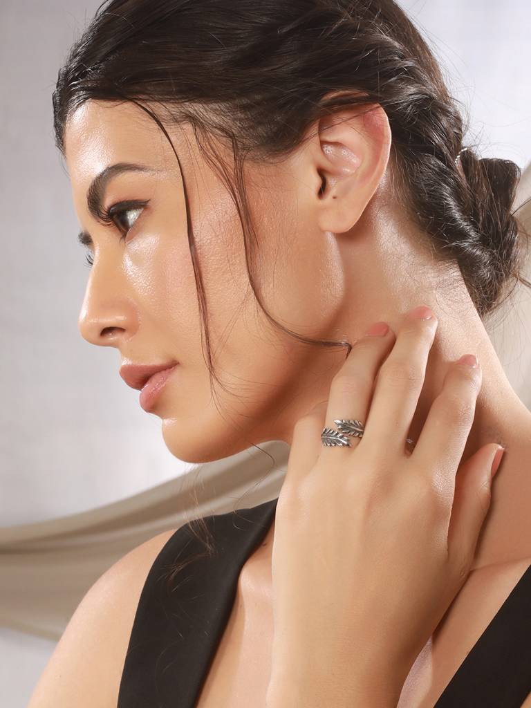 925 Sterling Silver Oxidised Dailywear Minimal Leafy Adjustable Finger Ring : AGRG5222