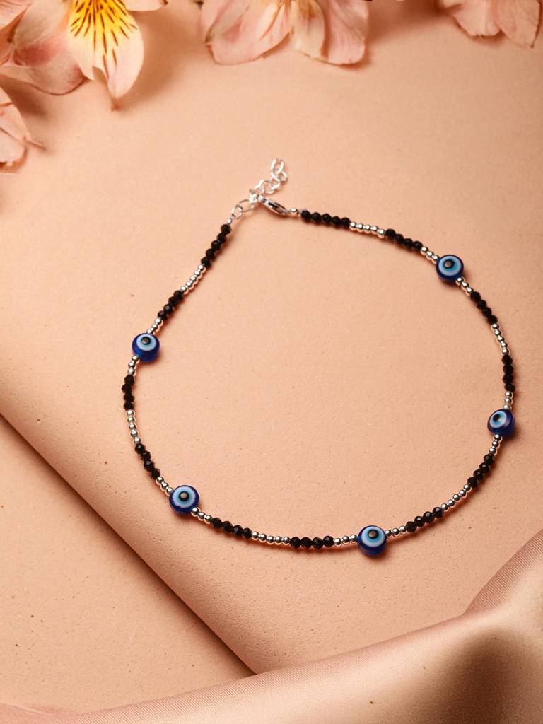 925 Sterling Silver Evil Eye Black Beads Minimal Dailywear Anklet : AGPL5245