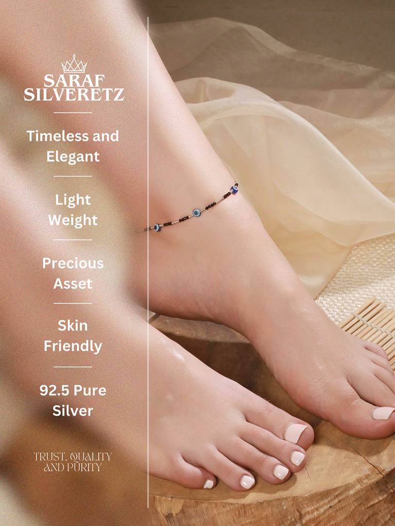 925 Sterling Silver Evil Eye Black Beads Minimal Dailywear Anklet : AGPL5245