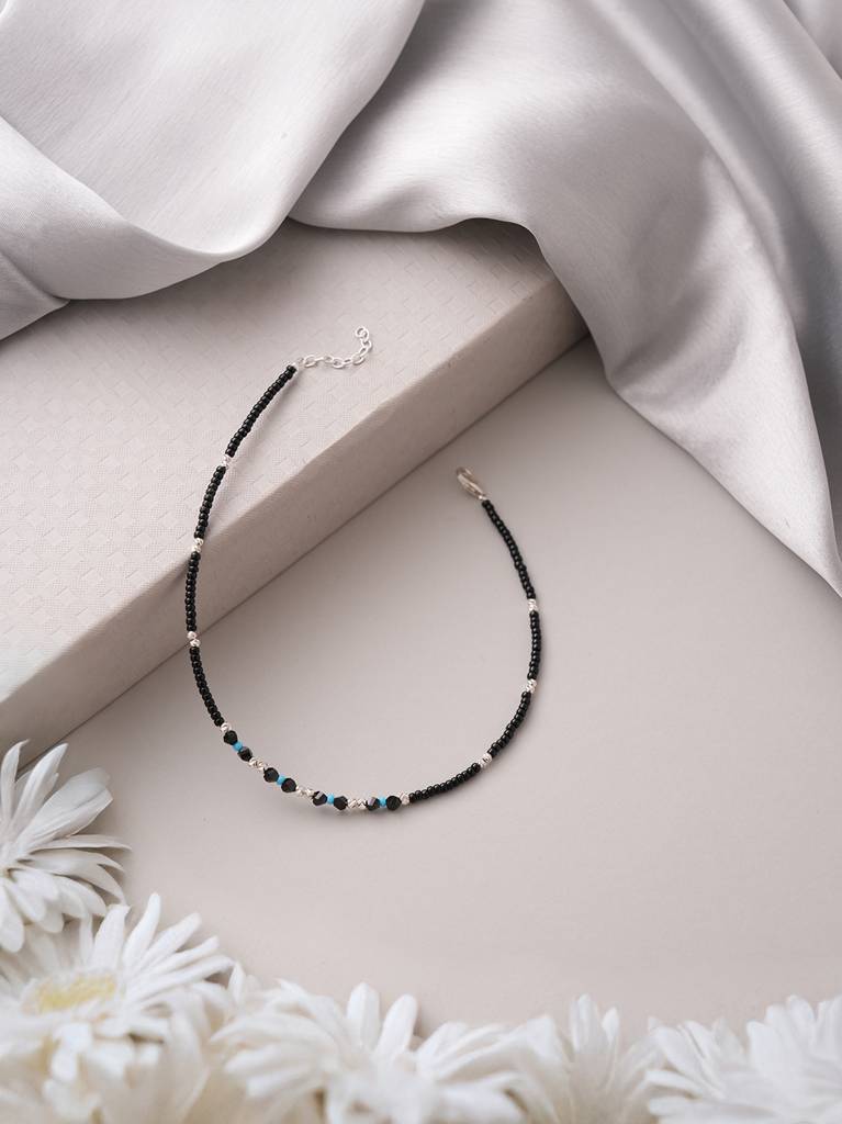 Anklet with Blue Glass and Sterling Silver Beads Adjustable Length Rhodium on Sterling Silver - Nont