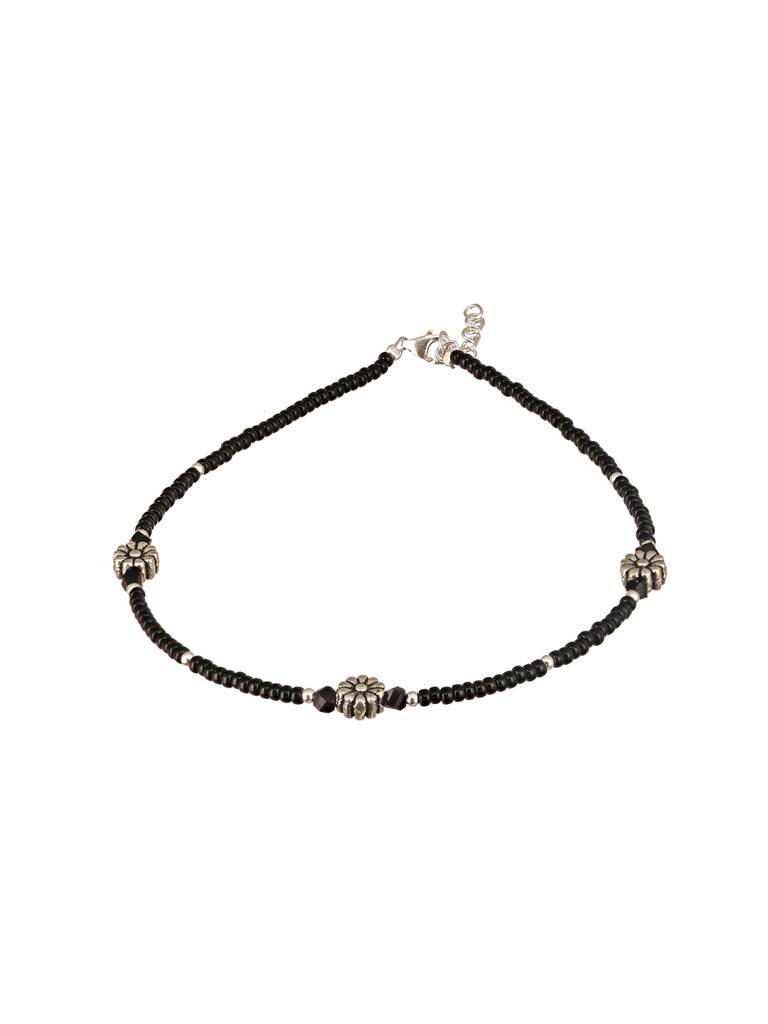 925 Sterling Silver Oxidised Charms Black Beads Flower Minimal Dailywear Anklet : AGPL5247