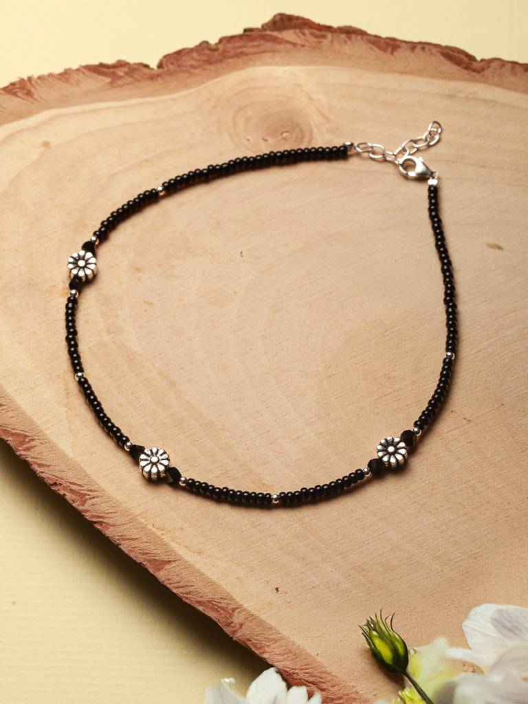 925 Sterling Silver Oxidised Charms Black Beads Flower Minimal Dailywear Anklet : AGPL5247