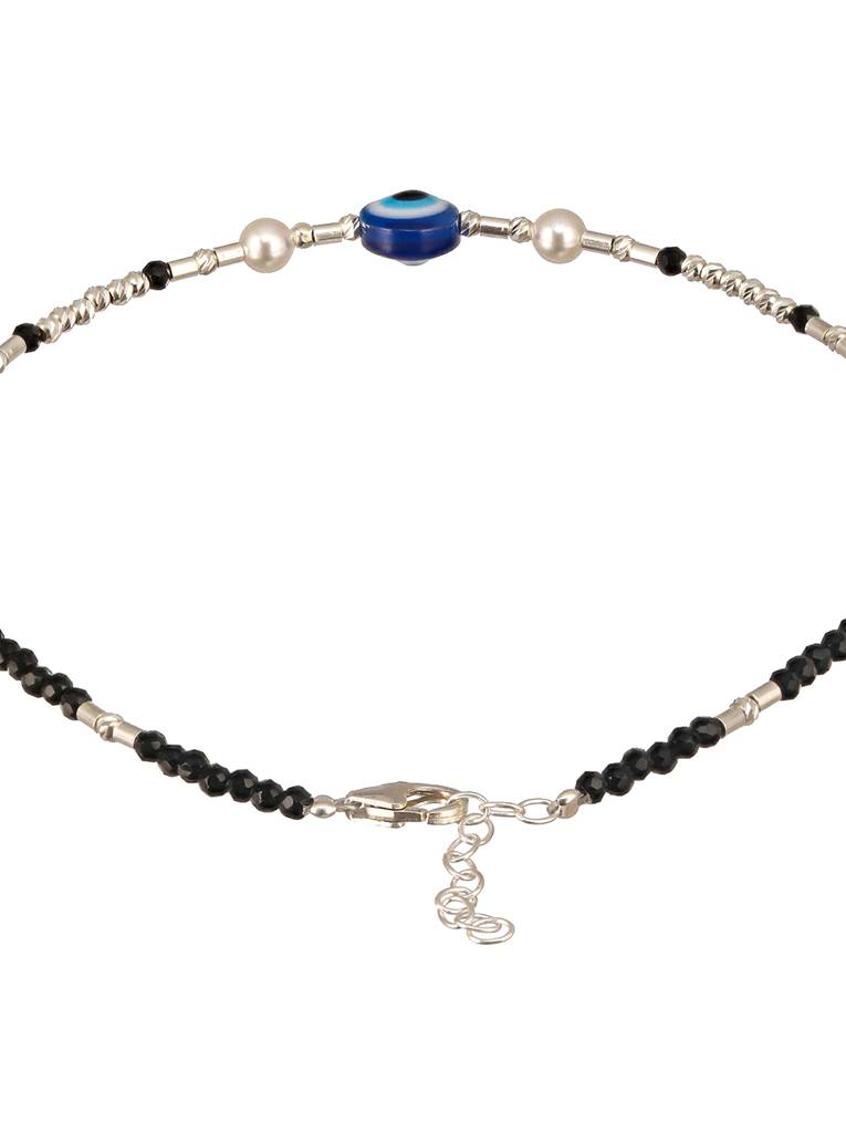 925 Sterling Silver Black Beads Beaded Delicate Minimal Charm Anklet : AGPL5250